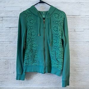 Prana zippered kangaroo pouch print pattern green sweat short 80%cotton 20%polly